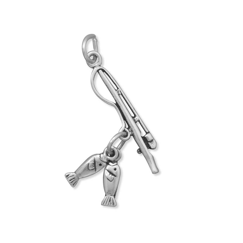Fishing Pole and Fish Charm Sterling Silver