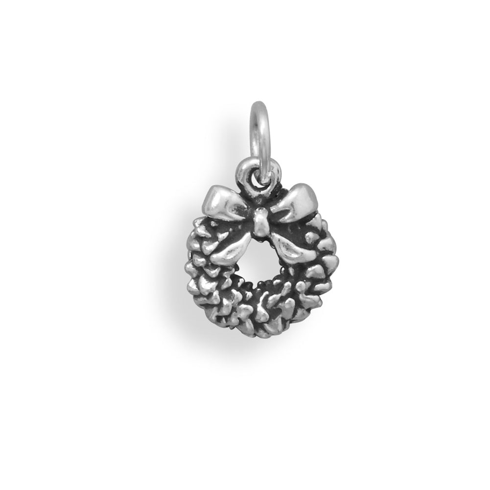 Christmas Wreath Charm Sterling Silver Antiqued Finish
