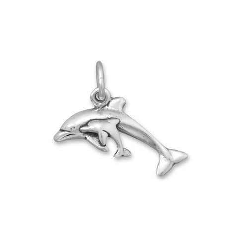 Dolphin with Baby Calf Sterling Silver Antiqued Finish