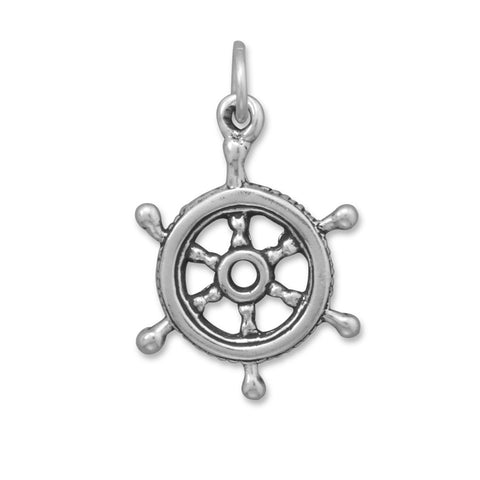 Ships Helm Charm Sterling Silver Antiqued Finish