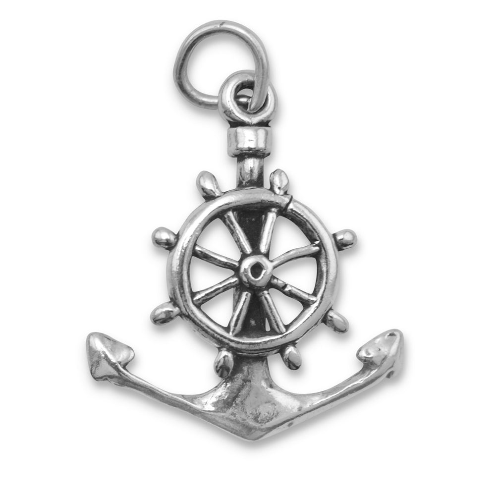 Ships Wheel Helm with Anchor Mariners Cross Charm Sterling Silver