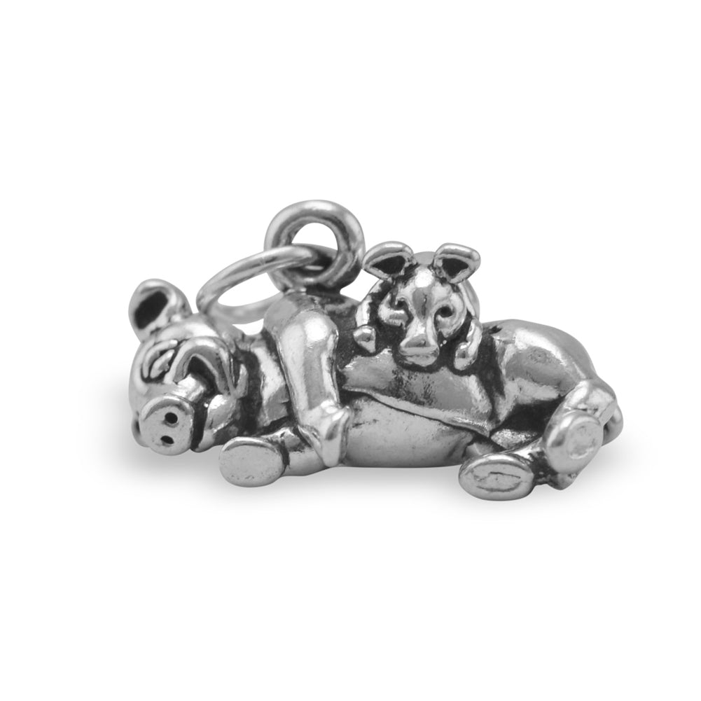 Pig Charm with Piglet Sterling Silver Antiqued Finish