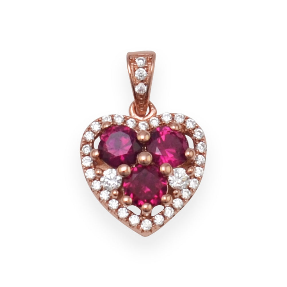 Heart-shape Pendant with Clear and Red Cubic Zirconia Rose Goldtone