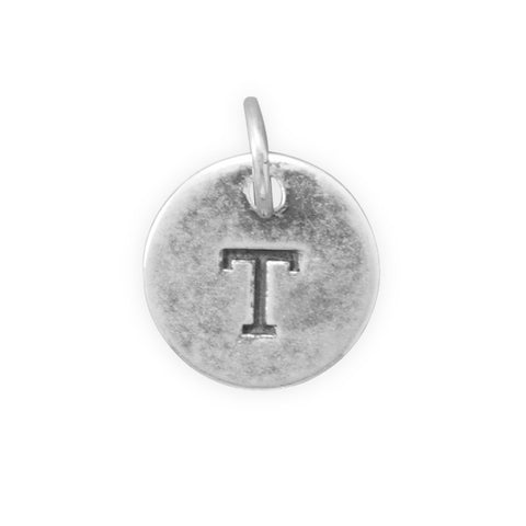 Antiqued Finish Sterling Silver Letter T Disk Charm