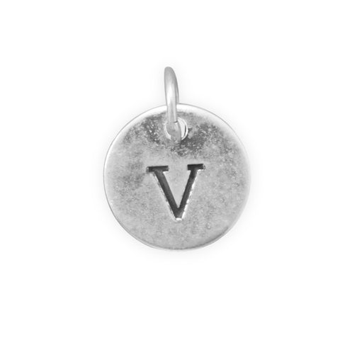 Antiqued Finish Sterling Silver Letter V Disk Charm