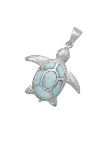 Larimar Turtle Pendant Atlantis Stone Rhodium on Sterling Silver - Nontarnish