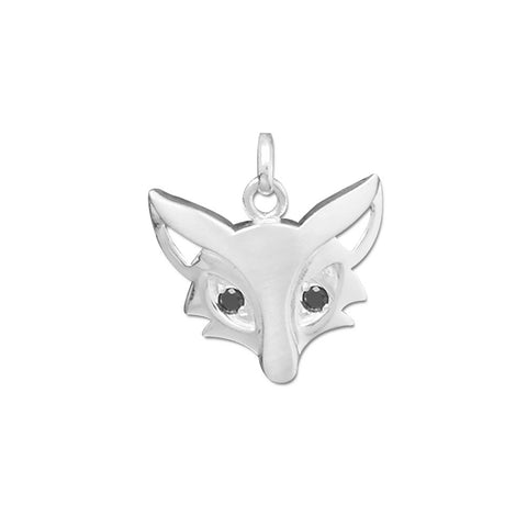 Sterling Silver Cute Fox Charm Pendant Black Cubic Zirconia Eyes Satin Finish