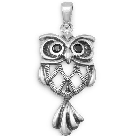 Antiqued Sterling Silver Cute Wise Owl Pendant with Black Cubic Zirconia Eyes