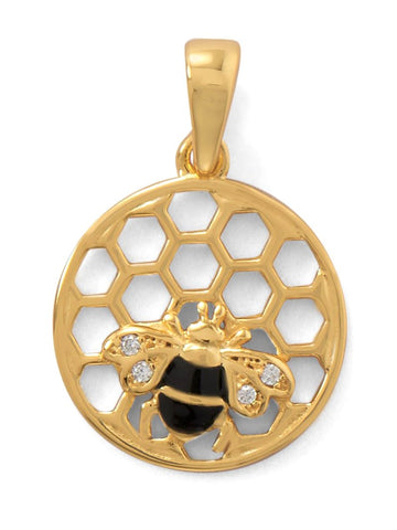 Bumblebee Honey Bee and Honeycomb Pendant Gold-plated Sterling Silver