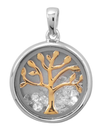 Family Tree of LIfe Dancing Cubic Zirconia Pendant Two Tone Rhodium on Sterling Silver