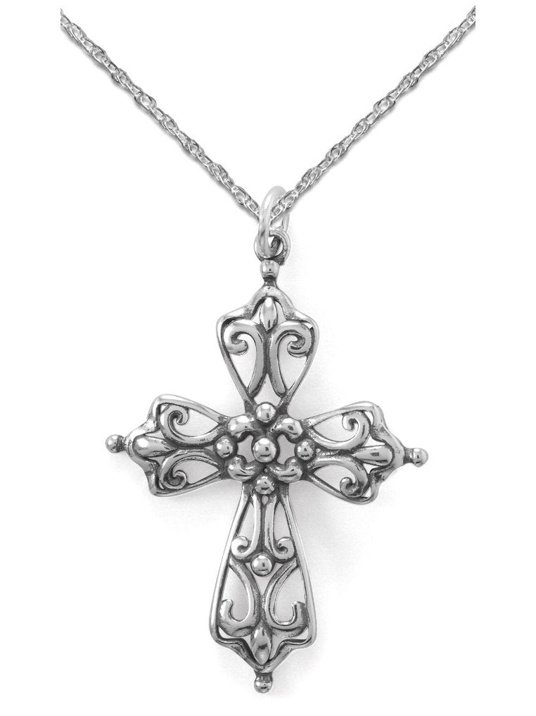 Cross Necklace Beaded Open Swirl Design Antiqued Sterling Silver with Chain
