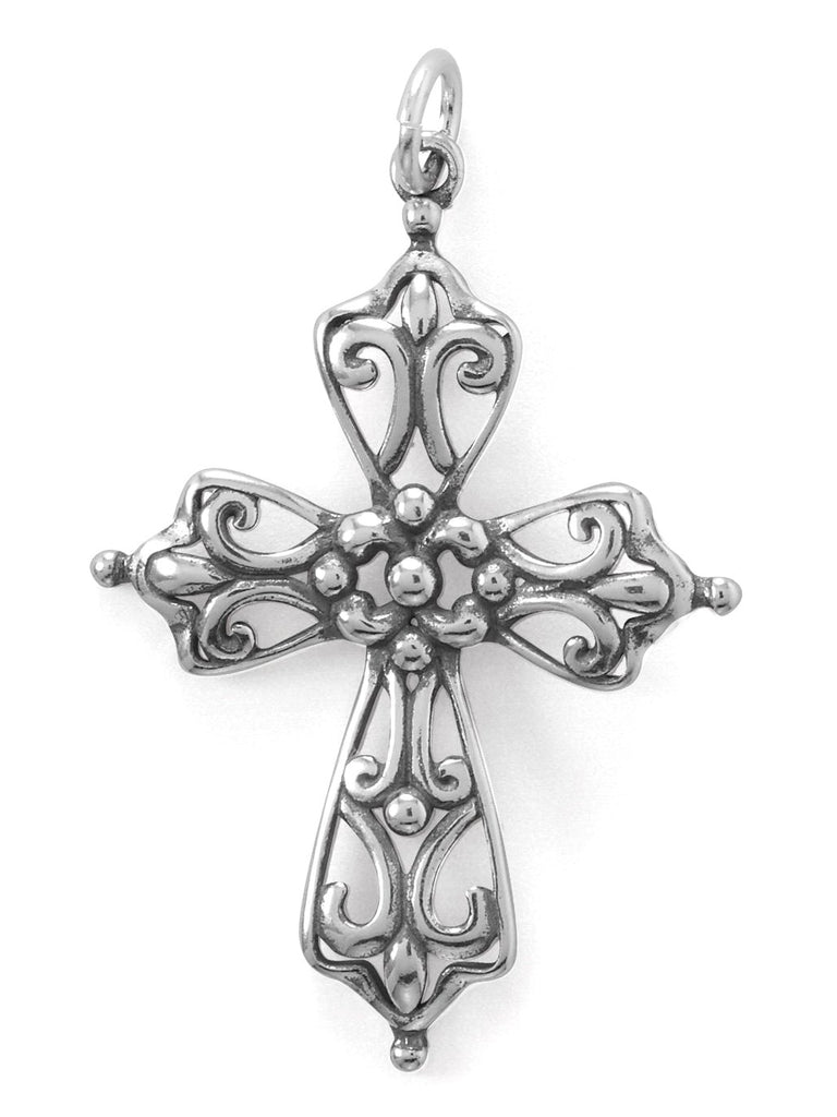Fleuree Cross Pendant with Beaded Open Design Antiqued Sterling Silver