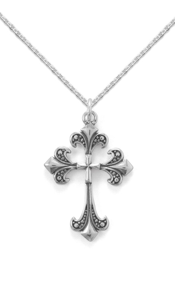 Fleur-De-Lis Cross Pendant Fancy Bead Design Antiqued Sterling Silver with Chain