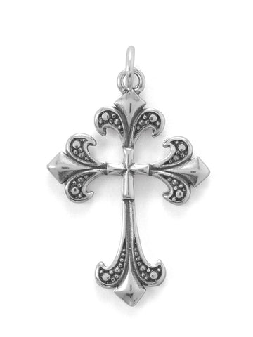 Fleur-De-Lis Cross Pendant with Fancy Bead Design Antiqued Sterling Silver