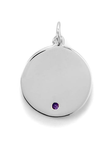 Round Tag Pendant Charm February Cubic Zirconia Sterling Silver Engravable