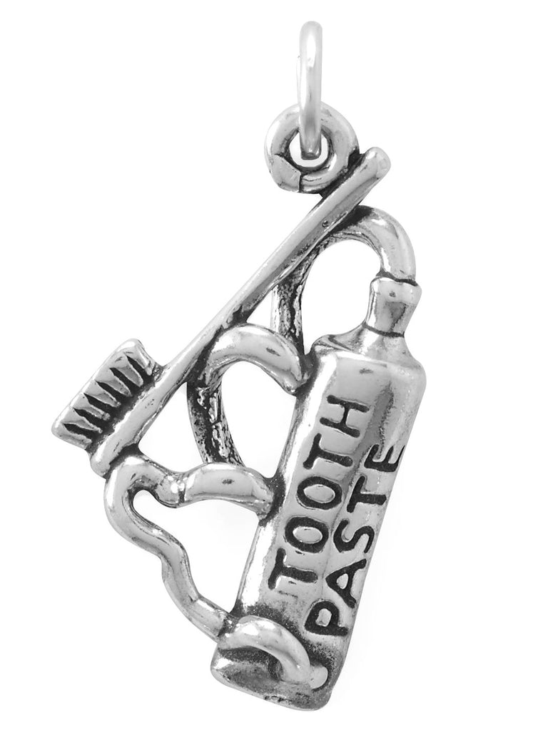 Toothpaste and Toothbrush Charm Antiqued Sterling Silver