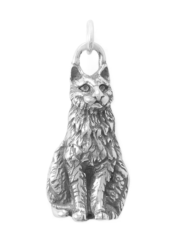 Realistic Sitting Cat Charm Sterling Silver