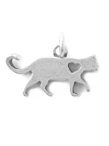 Kitty Cat Charm with Cut Out Heart Sterling Silver