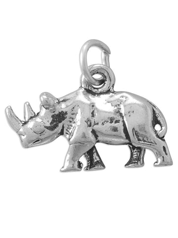 Rhino Rinoceros Charm Two Horns 3D Antiqued Finish Sterling Silver