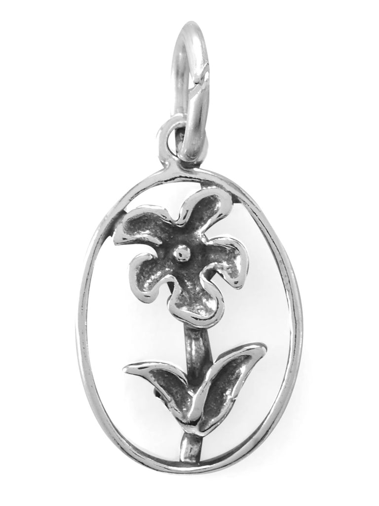 Flower in Oval Frame Charm Sterling Silver