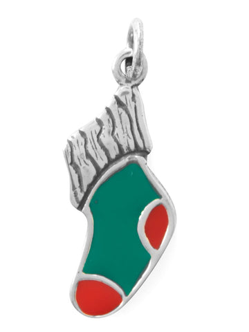 Christmas Stocking Charm Enamel Color Sterling Silver