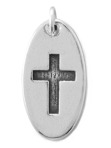 Cross Charm Oval with Inset Antiqued Cross Design Sterling Silver