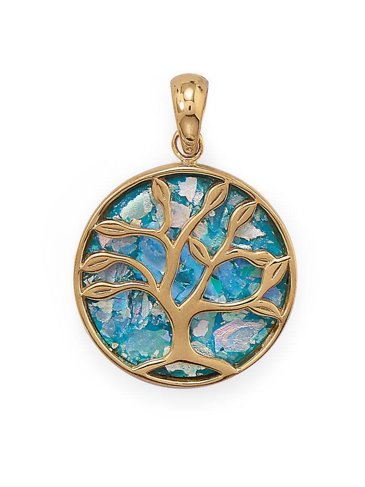Ancient Roman Glass Tree of Life Pendant 14k Gold on Sterling Silver