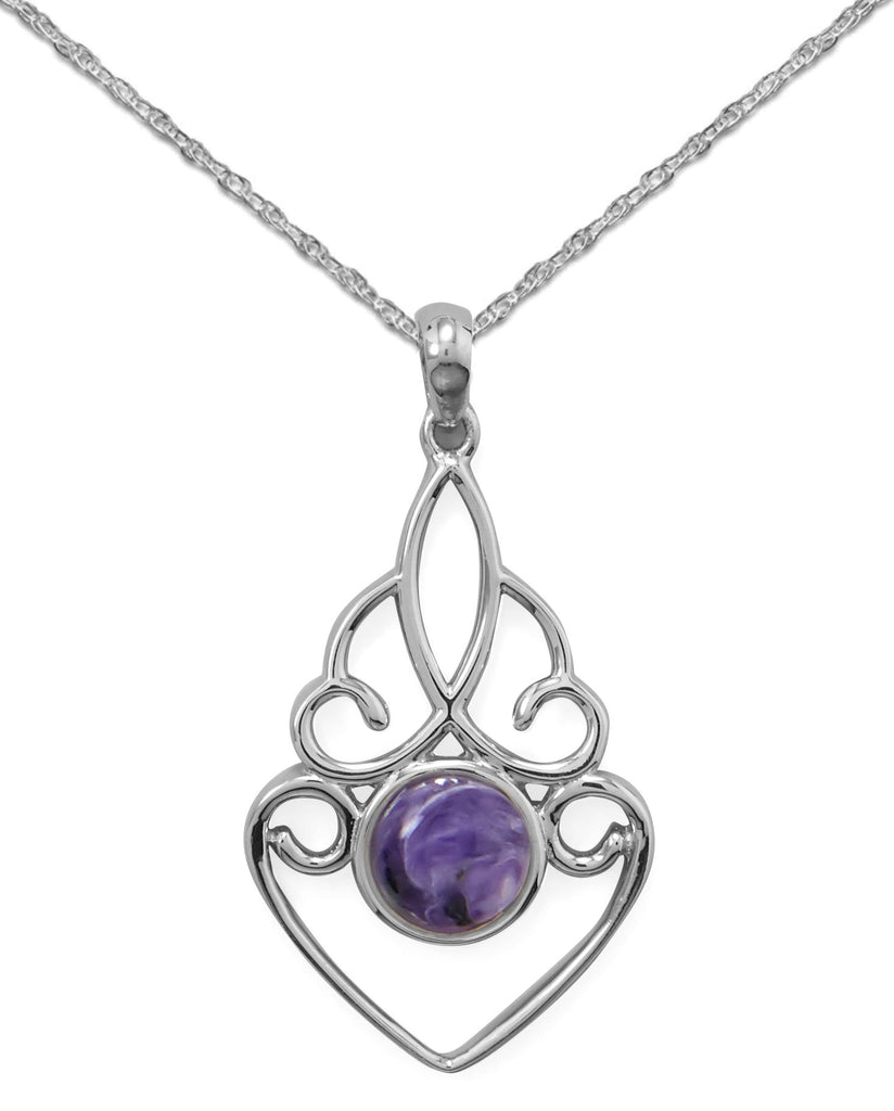 Purple Charoite Pendant Necklace, Includes Rope Chain Sterling Silver