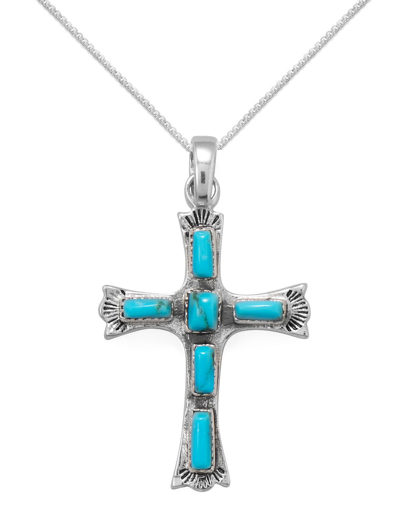 Reconstituted Turquoise Fleuree Cross Necklace Sterling Silver with Rope Chain