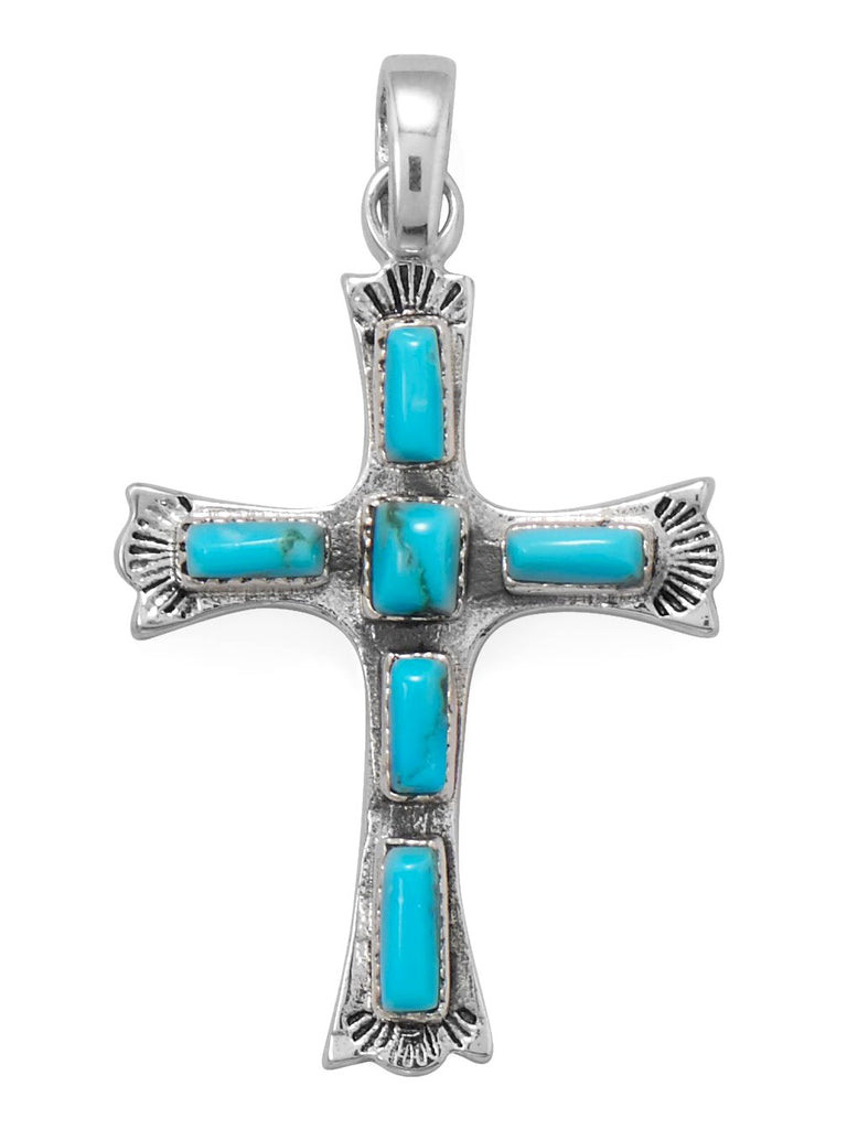 Reconstituted Turquoise Cross Rectangle Stones Sterling Silver, Pendant Only