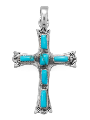 Reconstituted Turquoise Cross Rectangle Stones Sterling Silver, Pendant Only