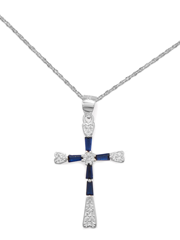Dark Blue and Clear Cubic Zirconia Cross Necklace with Rope Chain - Nontarnish