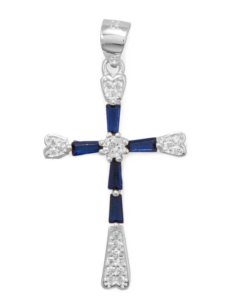 Cross Pendant with Blue and Clear Cubic Zirconia Stones Sterling Silver