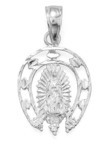 Virgin Mother Mary Horseshoe Pendant Cut Out Diamond-cut Sterling Silver