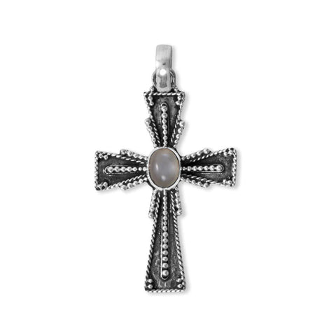 Moonstone Cross Pendant Handmade in Bali Sterling Silver with Oxidized Finish and Bead Design, Pendant Only
