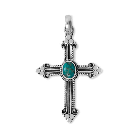 Turquoise Center Cross Pendant Handmade in Bali Sterling Silver with Oxidized Finish, Pendant Only
