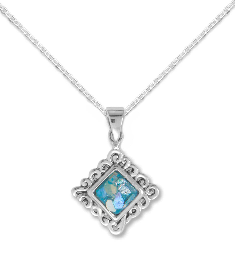 Ancient Roman Glass Small Pendant Sterling Silver with 18-inch Chain