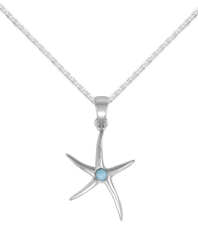 Starfish Necklace with Larimar Center, Rhodium on Sterling Silver, 18-inch