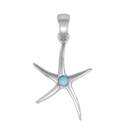 Starfish Pendant with Larimar Accent Center Rhodium on Sterling Silver - Nontarnish, Pendant Only
