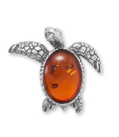 Baltic Amber Sea Turtle Slide Pendant Oxidized Antique Sterling Silver Setting, Pendant Only
