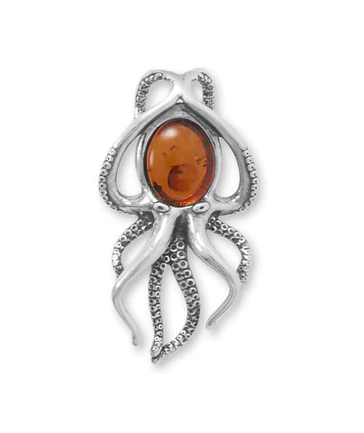 Octopus Pendant Slide with Genuine Baltic Amber Sterling Silver