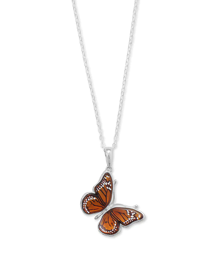 Handcrafted Baltic Amber Monarch Butterfly Necklace Sterling Silver, 18-inch Chain