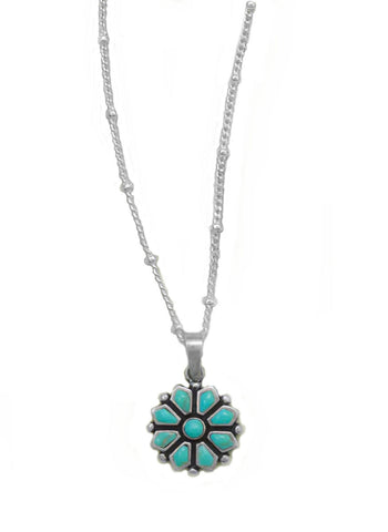 Turquoise Flower Necklace with Satellite Chain Sterling Silver, 20-inch