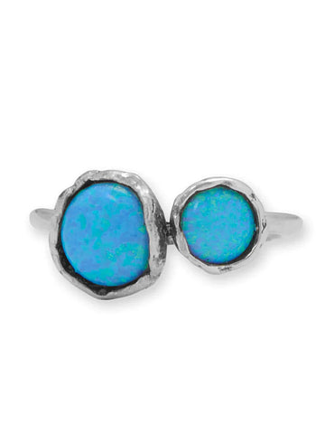 Double Stone Synthetic Opal Ring Organic Look Sterling Silver