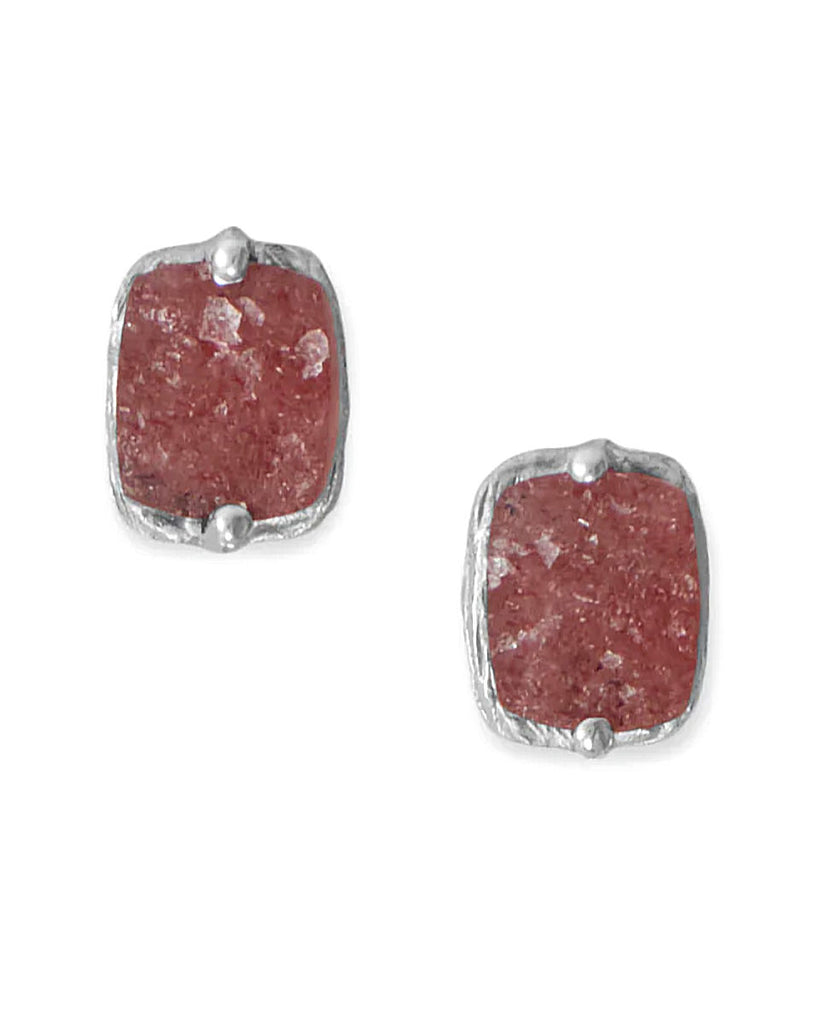 Strawberry Quartz Stud Earrings Rectangle Shape Rhodium on Silver