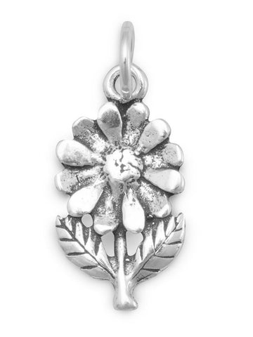 Flower with Stem and Leaves Charm Sterling Silver - Made in the USA