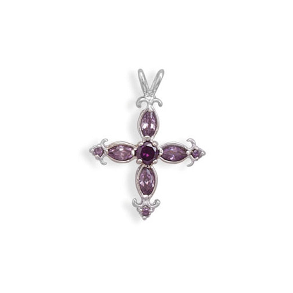 Purple Crystal Cross Pendant Rhodium on Sterling Silver - Nontarnish