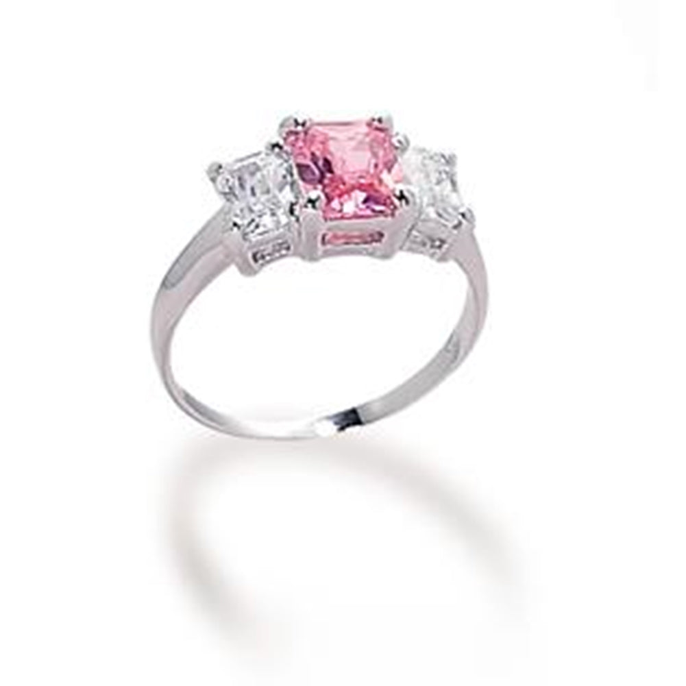 Square Pink and Clear Cubic Zirconia Ring Rhodium-plated Sterling Silver, size 9
