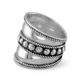 Bali  Bead Rope Edge Band Ring Extra Wide Antiqued and Polished Sterling Silver