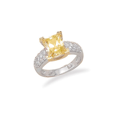 Yellow Solitaire Cubic Zirconia with Side CZ Accents Rhodium on Sterling Silver